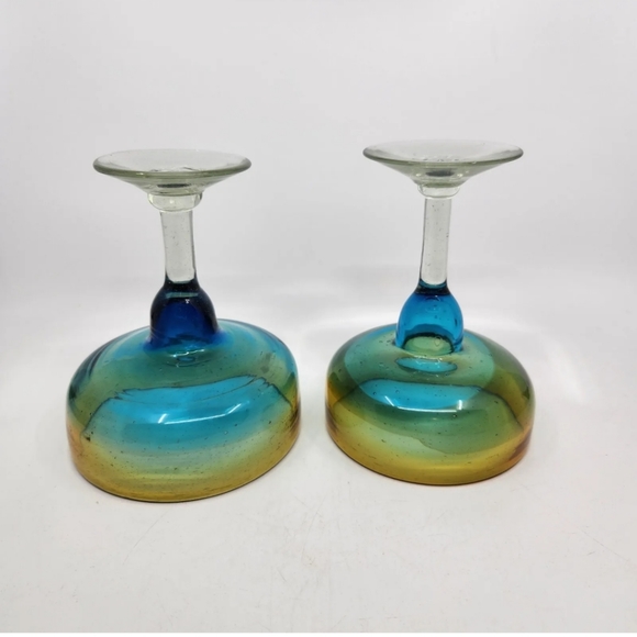 Vtg Pair Mexican Hand-Blown  Margarita Art Glasses Amber/ Turquoise Fade HEAVY - Picture 6 of 8